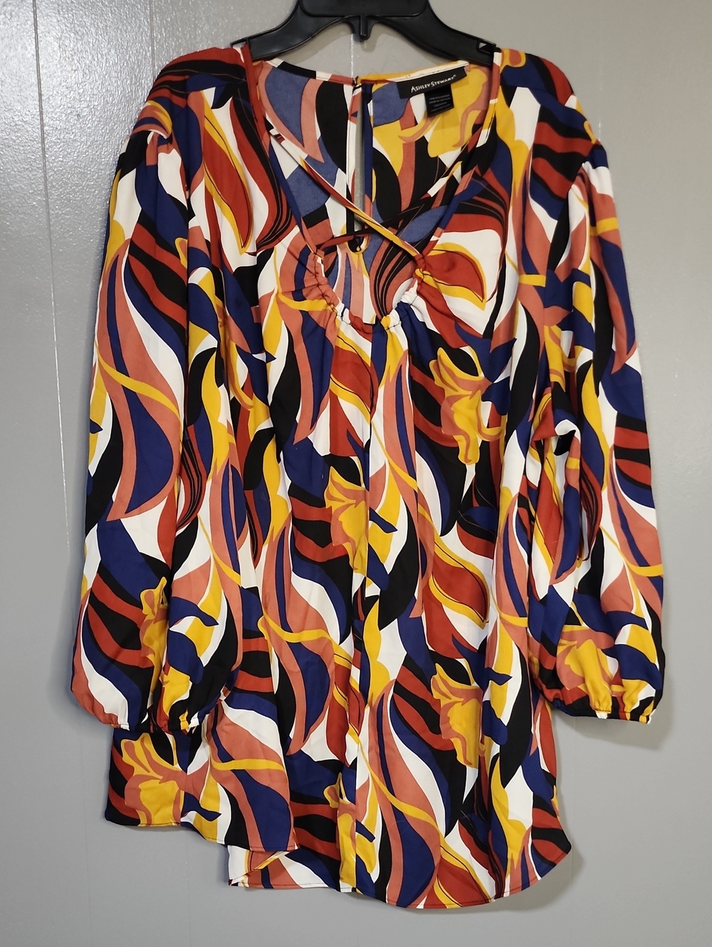 Ashley Stewart Multicolor Wave-Print Tunic - Navy, Mustard, Rust, White